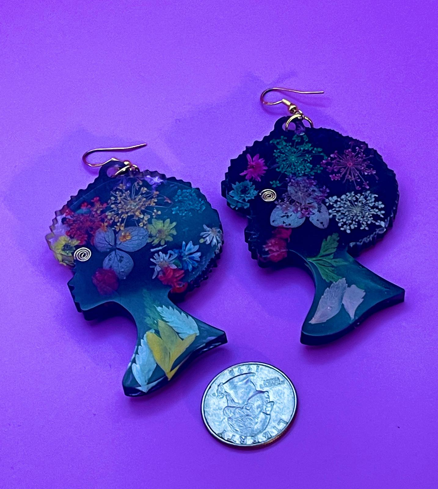 “Crowned in Bloom” + “Crowned in Gold” Afro Goddess Earrings (display large and small sizes)