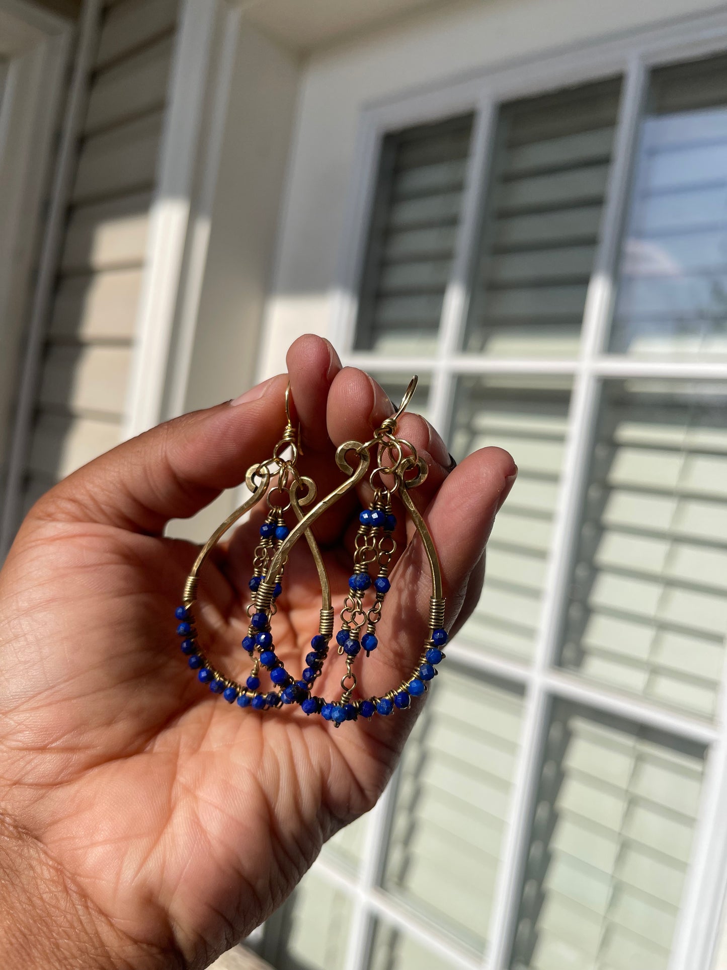 Lapis Lazuli and Brass Teardrop Hoop Earrings